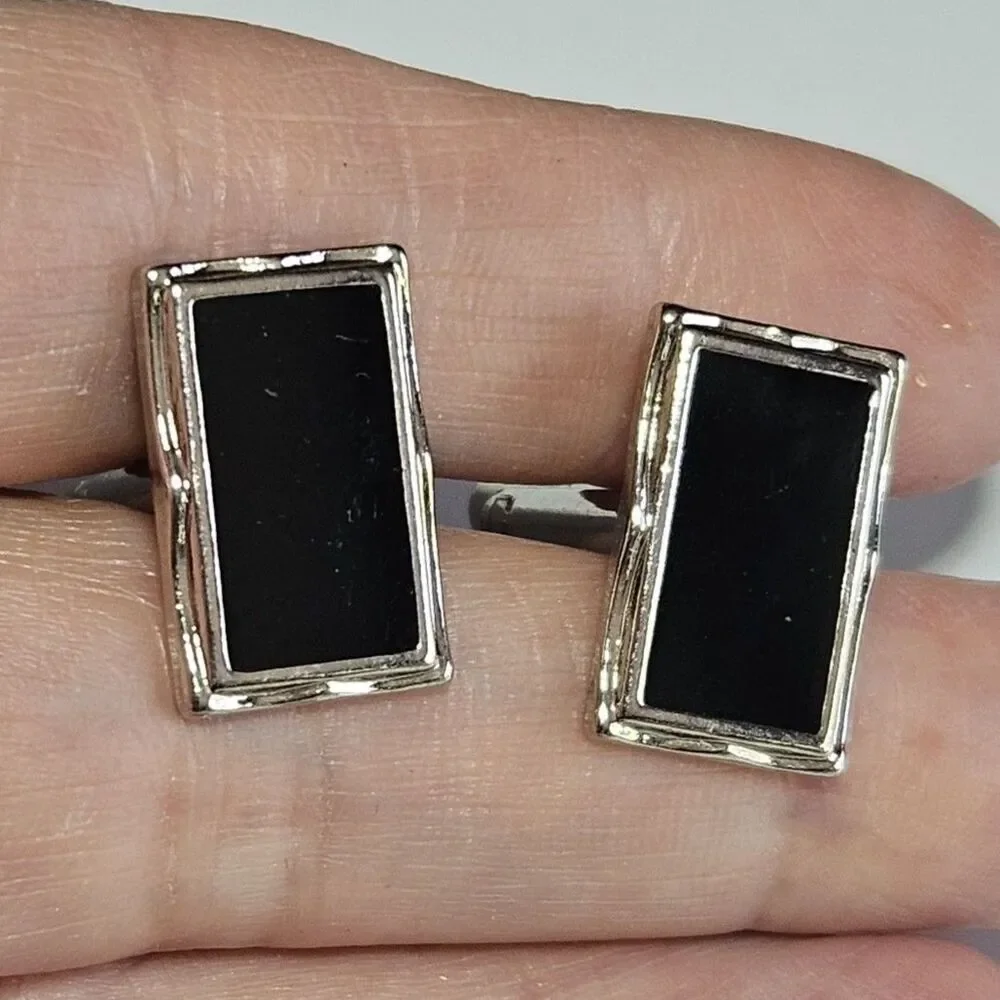 Cuff Links Vintage - Silver Tone with Black Enamel - Rectangle Shape